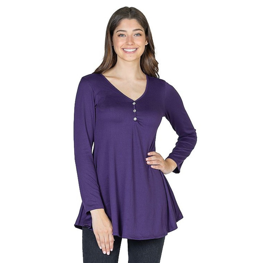 Women's 24Seven Comfort Apparel Flared Henley Tunic Top Large Purple Shirt